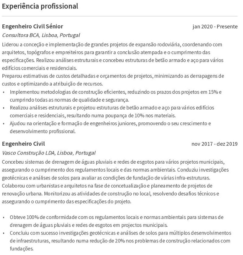 experiência profissional para engenheiro civil cv