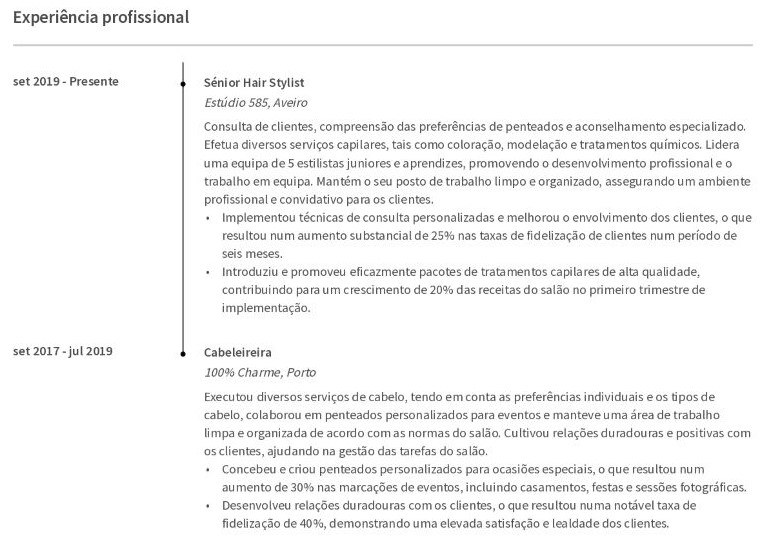 experiência profissional para cabeleireiro cv