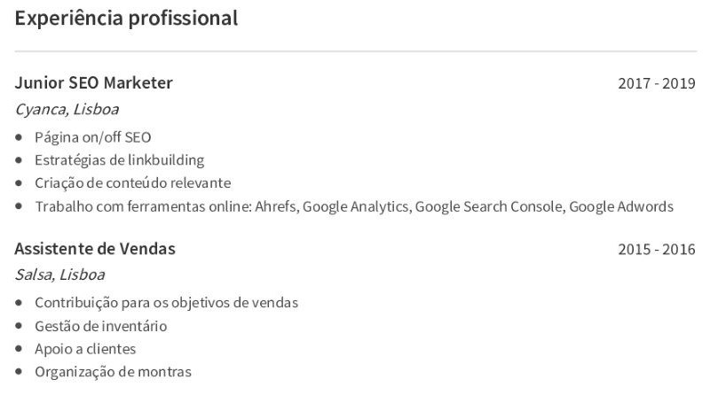 Experiência profissional para marketing cv