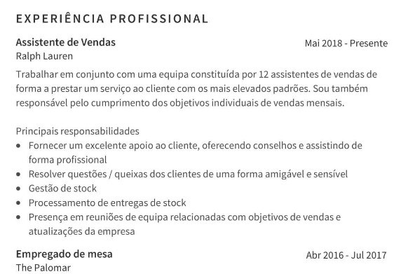 experiência de trabalho para varejo cv